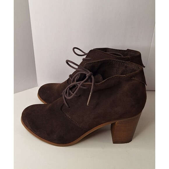 TOMS Lunata Brown Suede Heeled Lace Up Ankle Boots Women's Sz 8 Bohemian Hippie - Picture 5 of 11